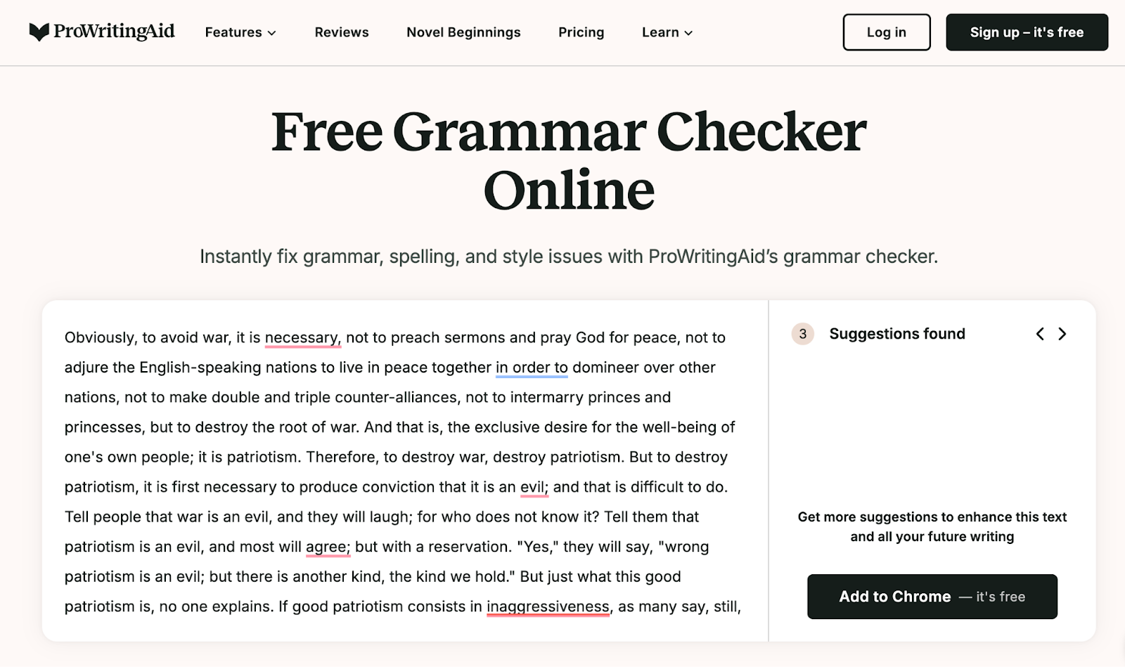 Screenshot of ProWritingAid grammar checker.