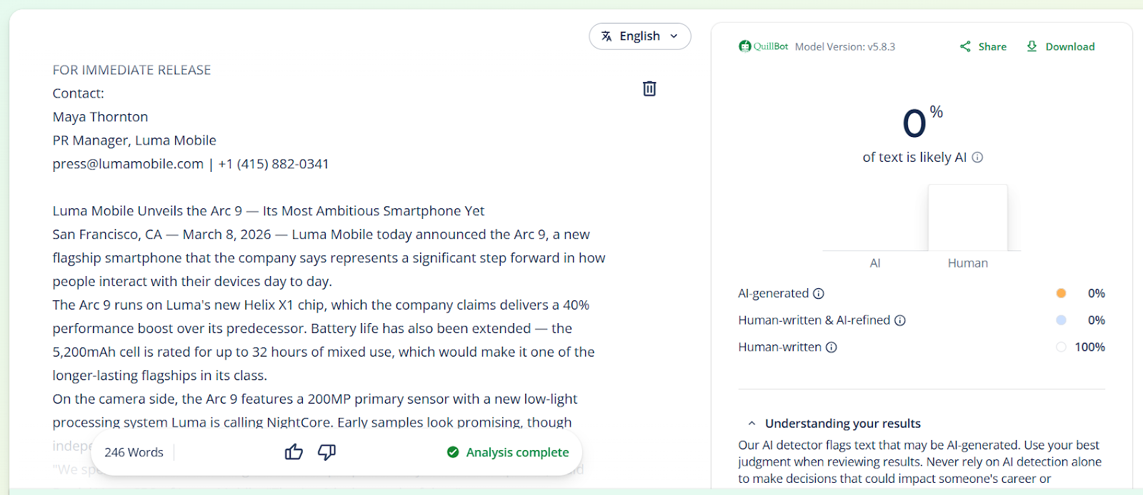 Screenshot of QuillBot AI detector.
