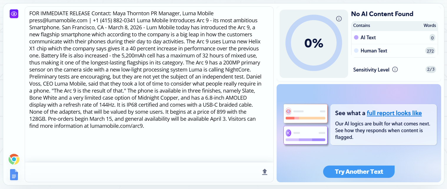 Screenshot of Copyleaks AI detector.