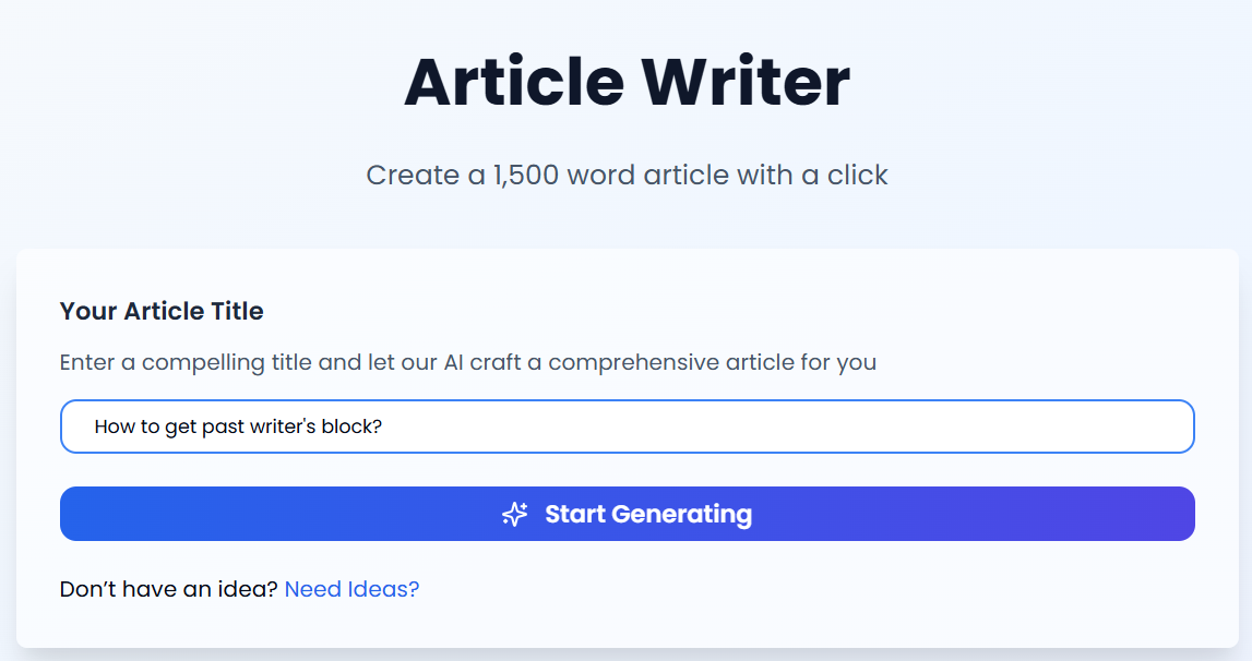 Screenshot of TinyWow article writer.