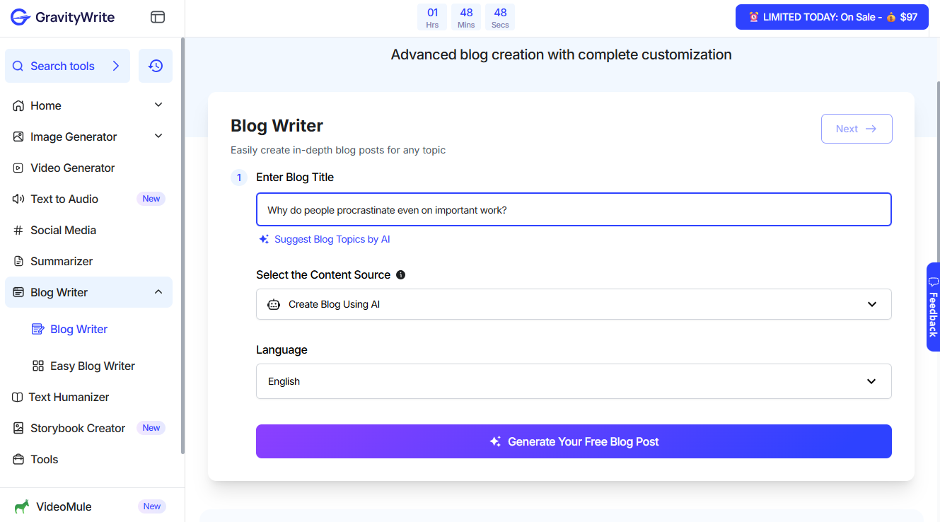 GravityWrite AI blog writer page.