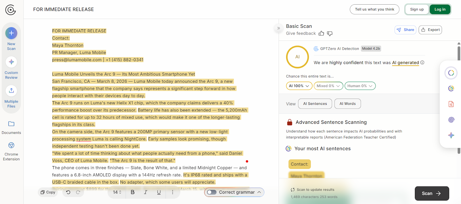 Screenshot of GPTZero AI detector.