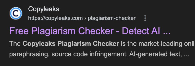 Copyleaks plagiarism checker page snippet in Google search results