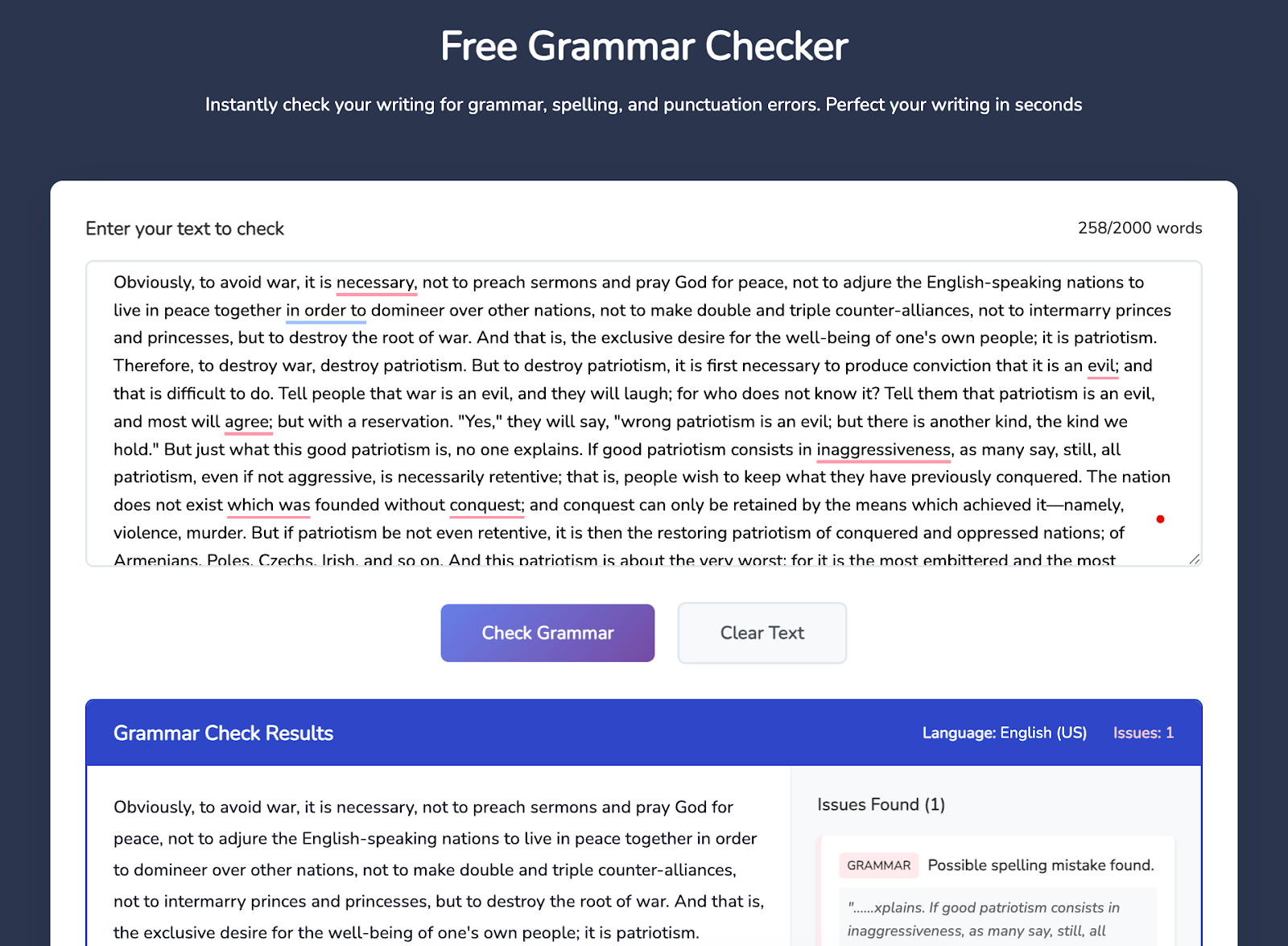 Screenshot of Quetext grammar checker.