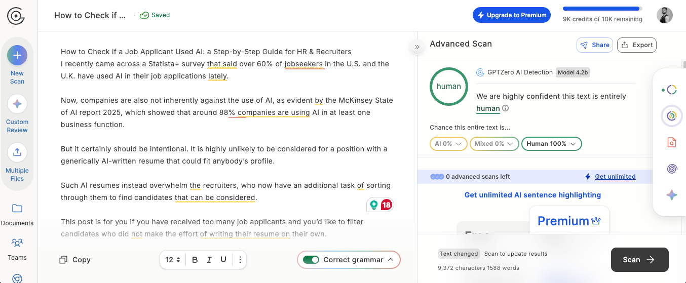 Image showing the AI detection of text using GPTZero.