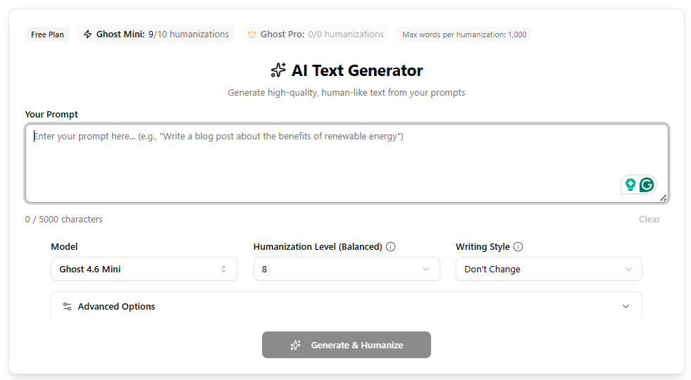 Screenshot of StealthWriter AI text generator.