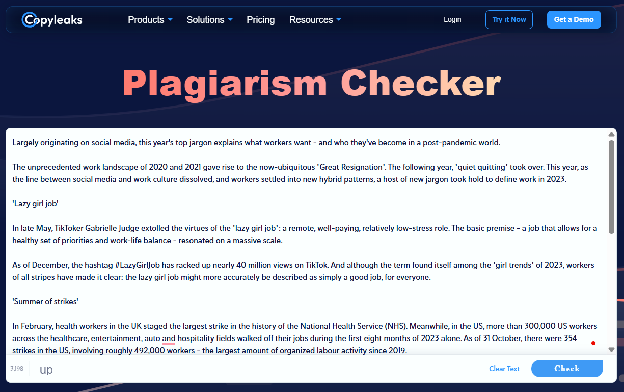 Copyleaks plagiarism checker interface