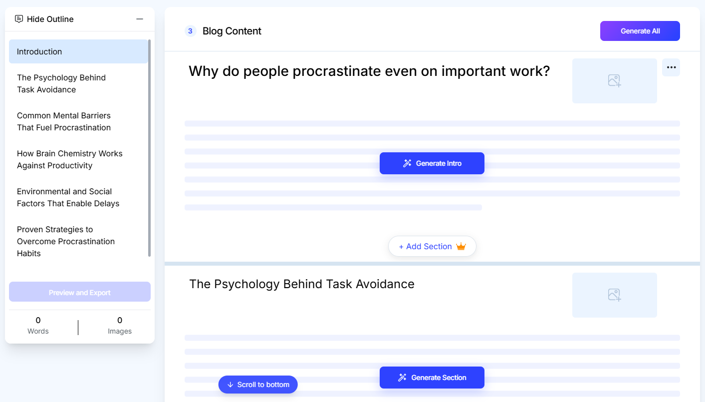 GravityWrite AI blog generator page.