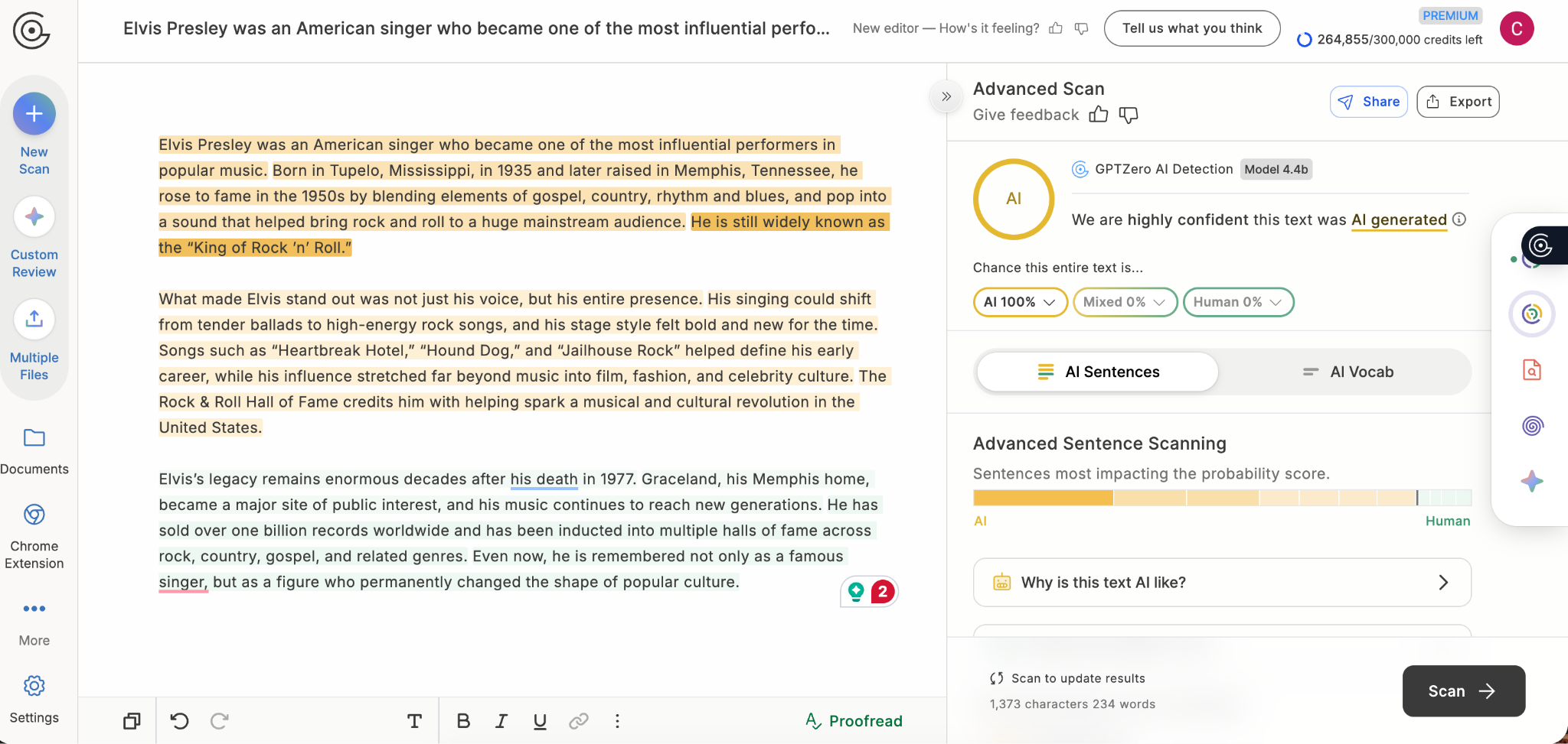 Screenshot of GPTZero's AI Detection dashboard