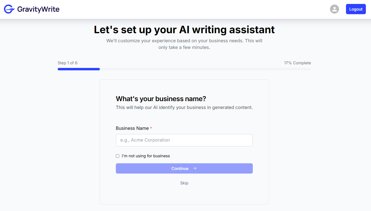 GravityWrite signup page screenshot.
