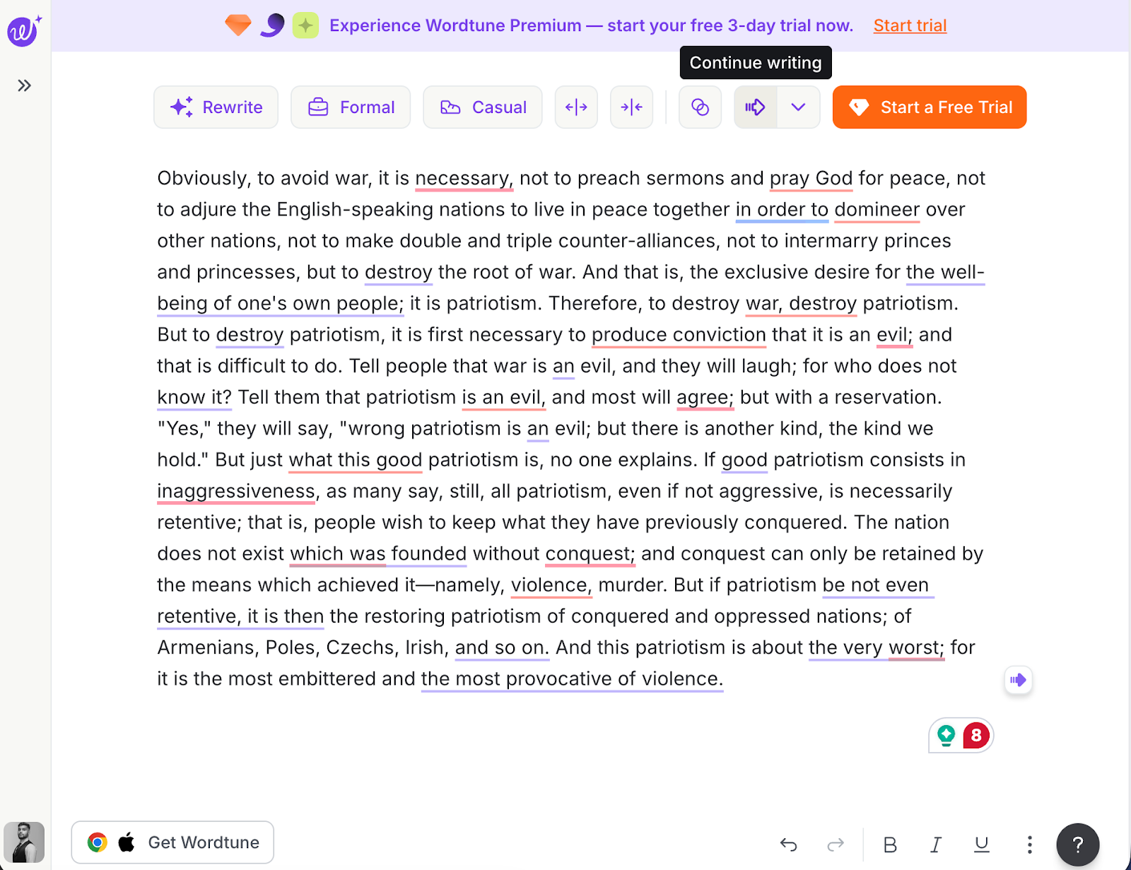 Screenshot of Wordtune grammar checker.