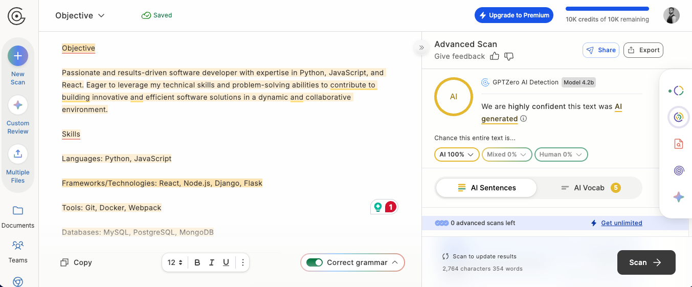 Image showing an AI detection result of a resume generated by ChatGPT.