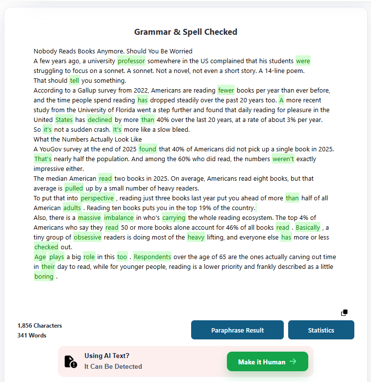 ZeroGPT’s grammar and spell-checker.