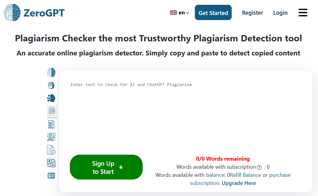 ZeroGPT’s plagiarism checker screen