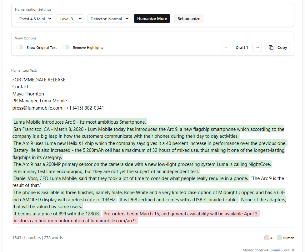 Screenshot of StealthWriter humanizer.