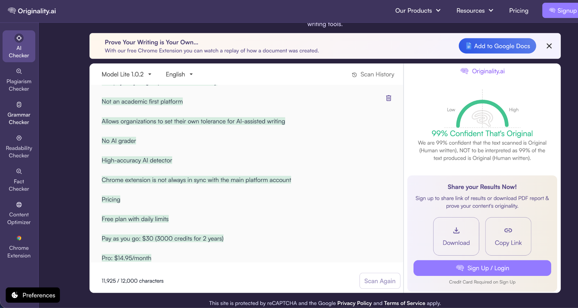 Originality.ai’s dashboard.