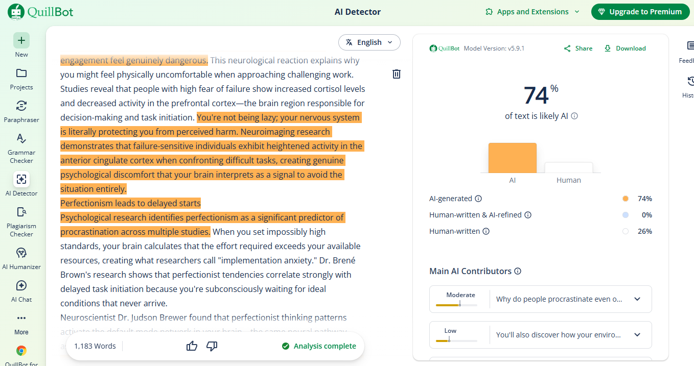Quillbot AI detector page screenshot.