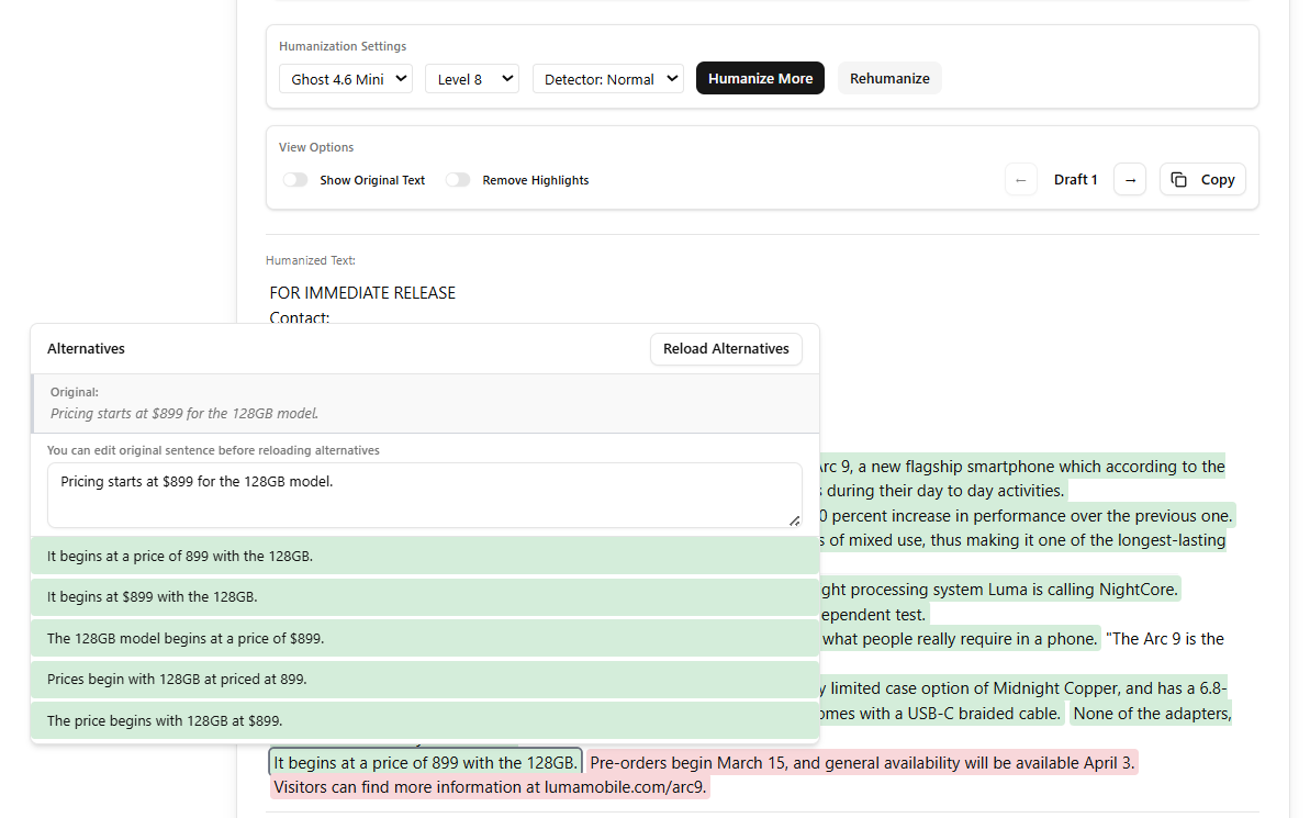 Screenshot of StealthWriter AI humanizer settings.
