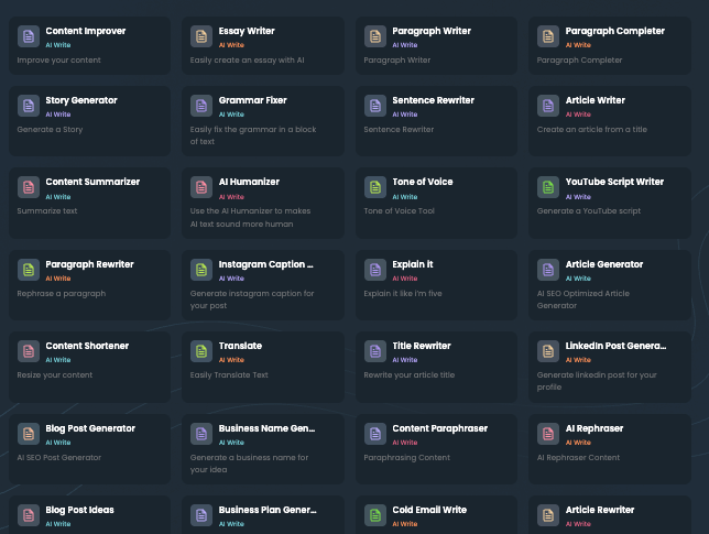 List of TinyWow AI writing tools.