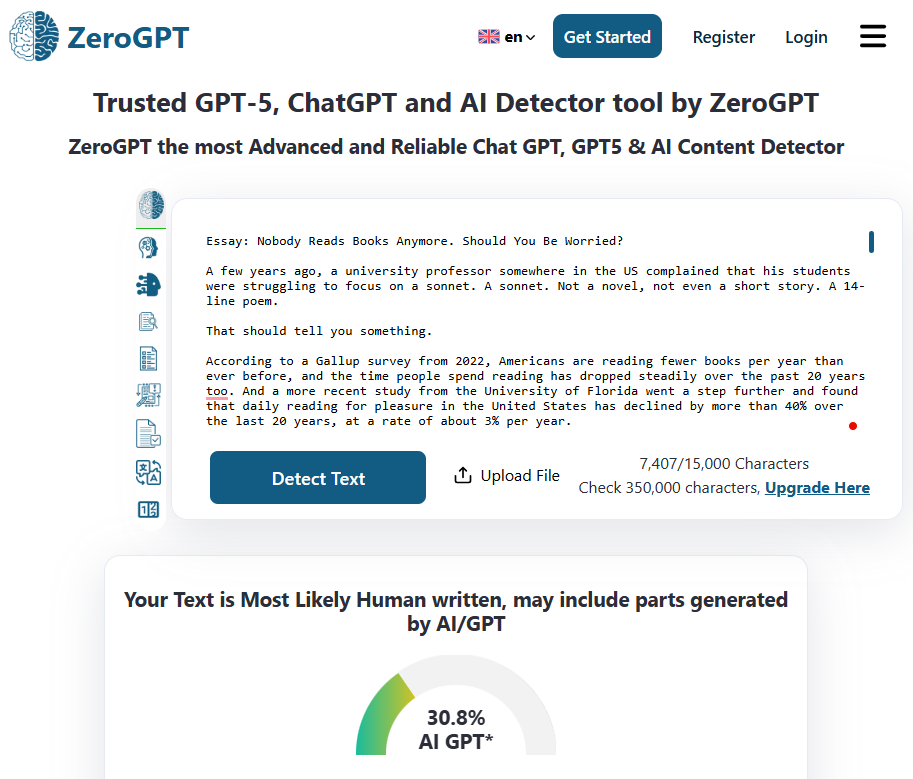 AI detection result of ZeroGPT