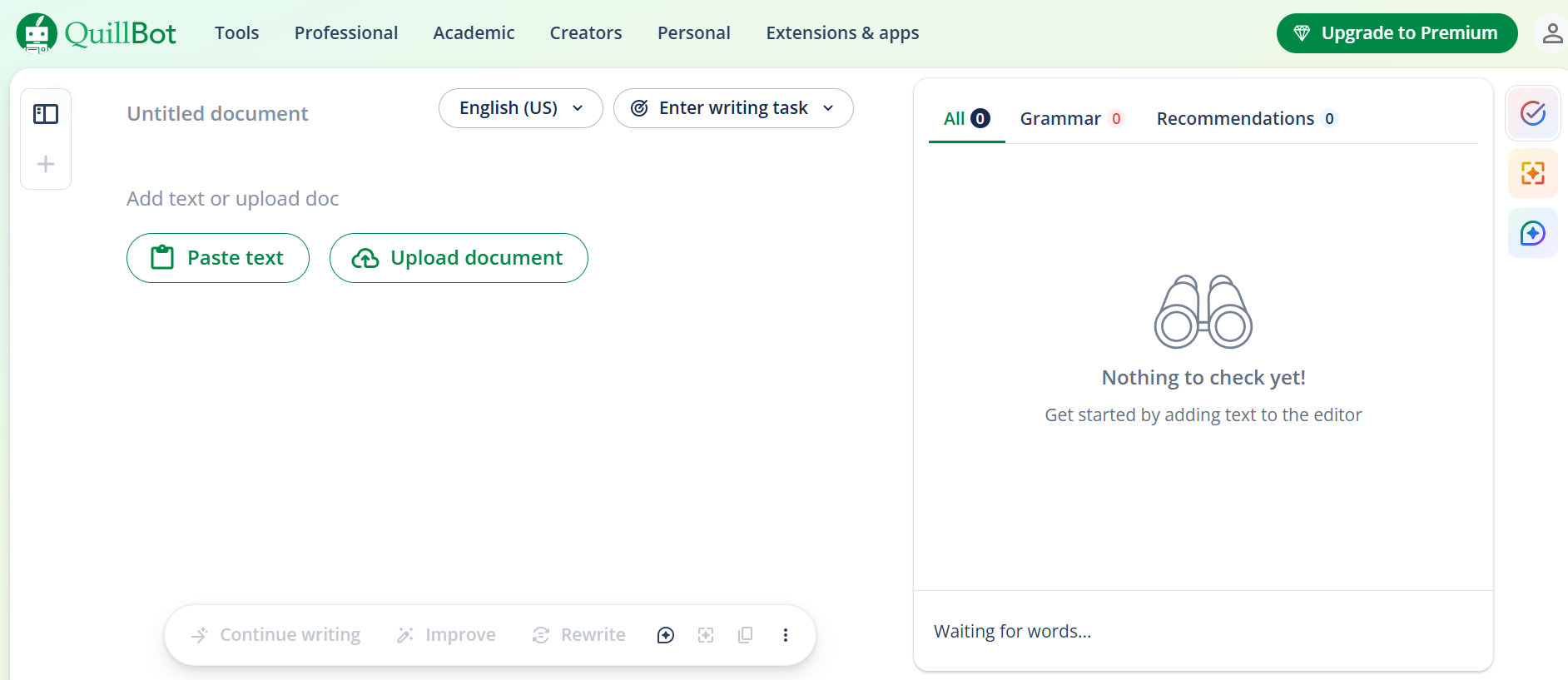 QuillBot essay checker dashboard