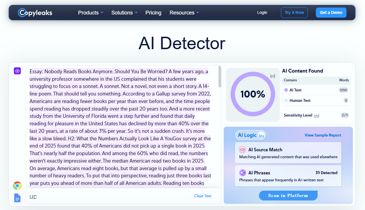 AI detection result of Copyleaks.