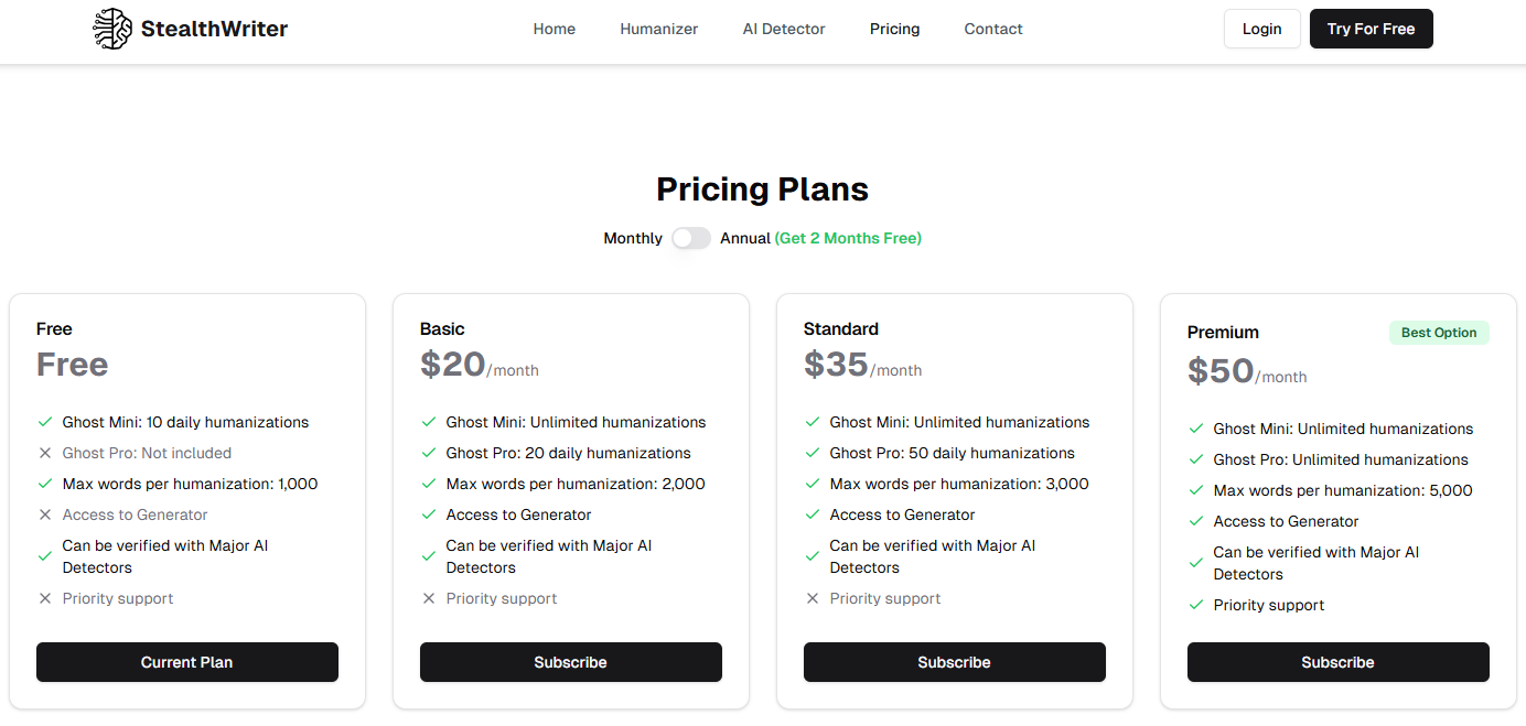 Screenshot of StealthWriter AI pricing plans.
