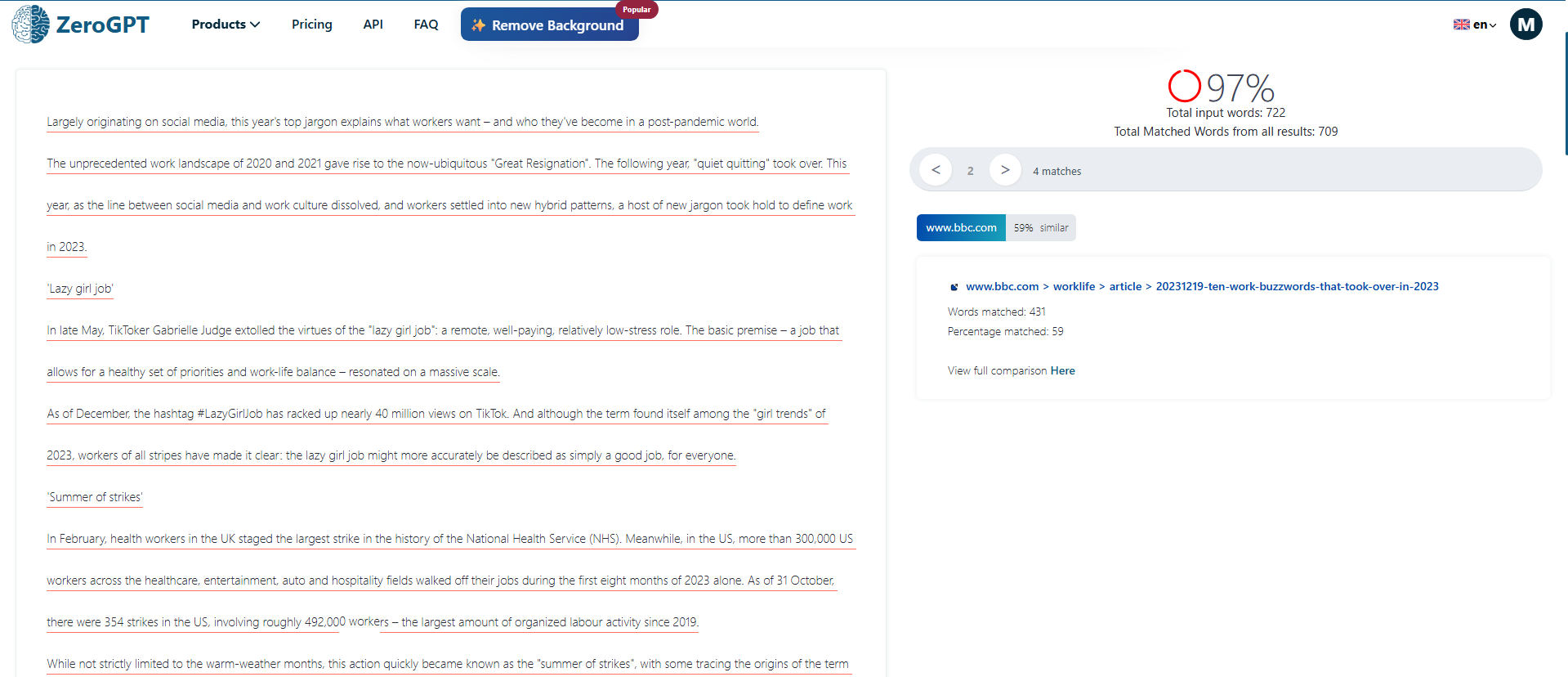 ZeroGPT showing plagiarized content percentage