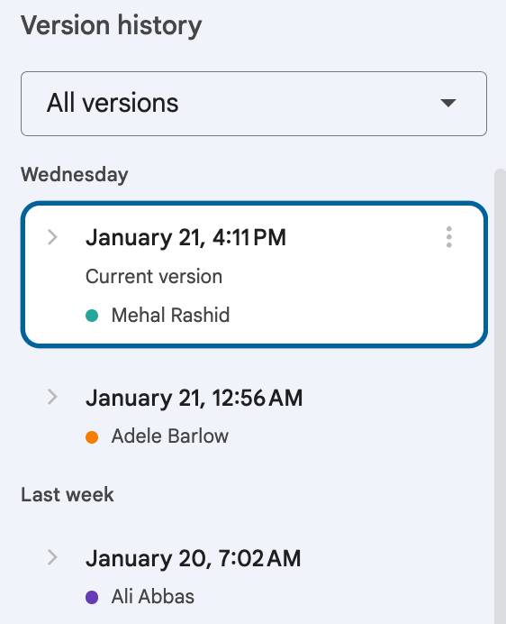 Screenshot of a Google Doc editing history.