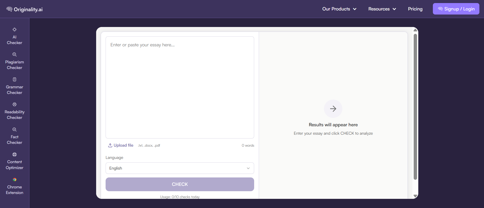 Originality.ai essay checker dashboard