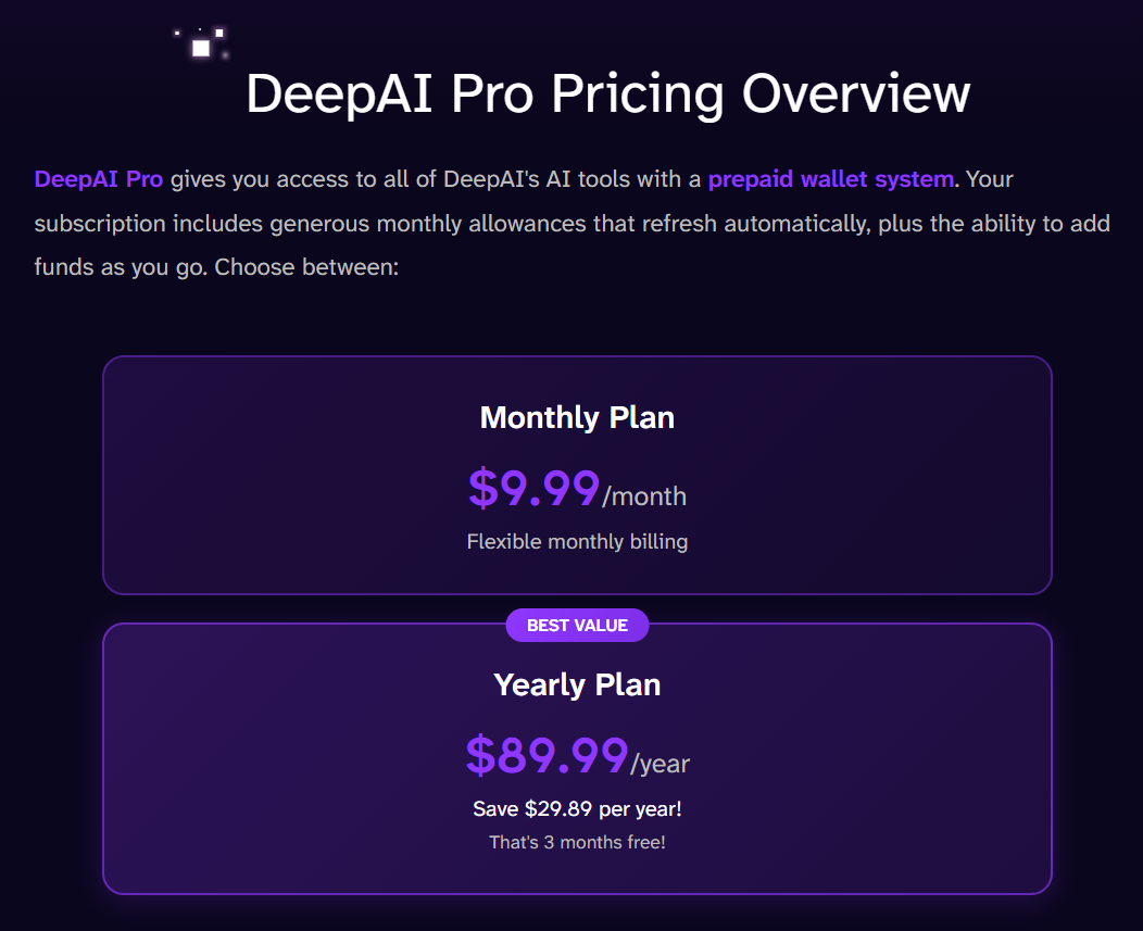 Deep AI pricing section.