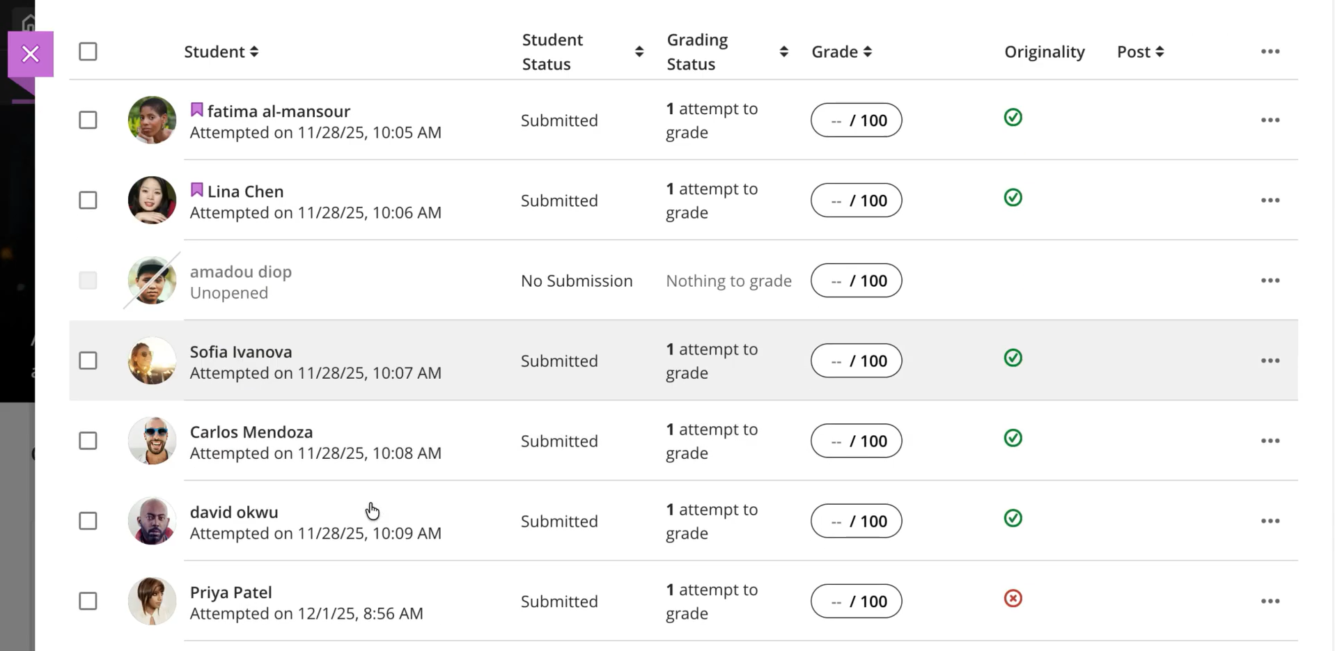 Blackboard submissions list showing seven students with green tick originality marks and one red cross indicating high plagiarism risk.