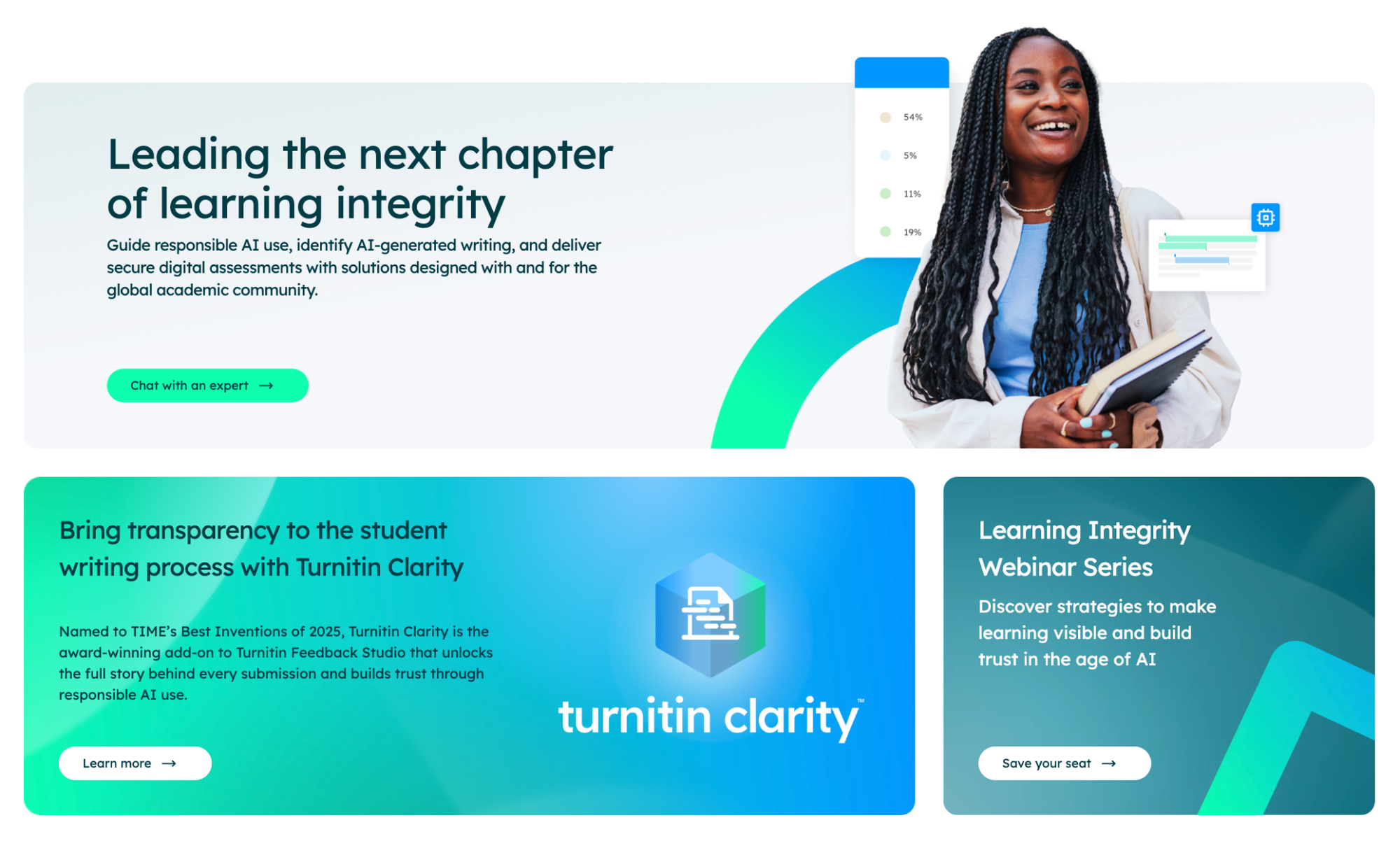 Turnitin homepage promoting Turnitin Clarity with the headline "Leading the next chapter of learning integrity."