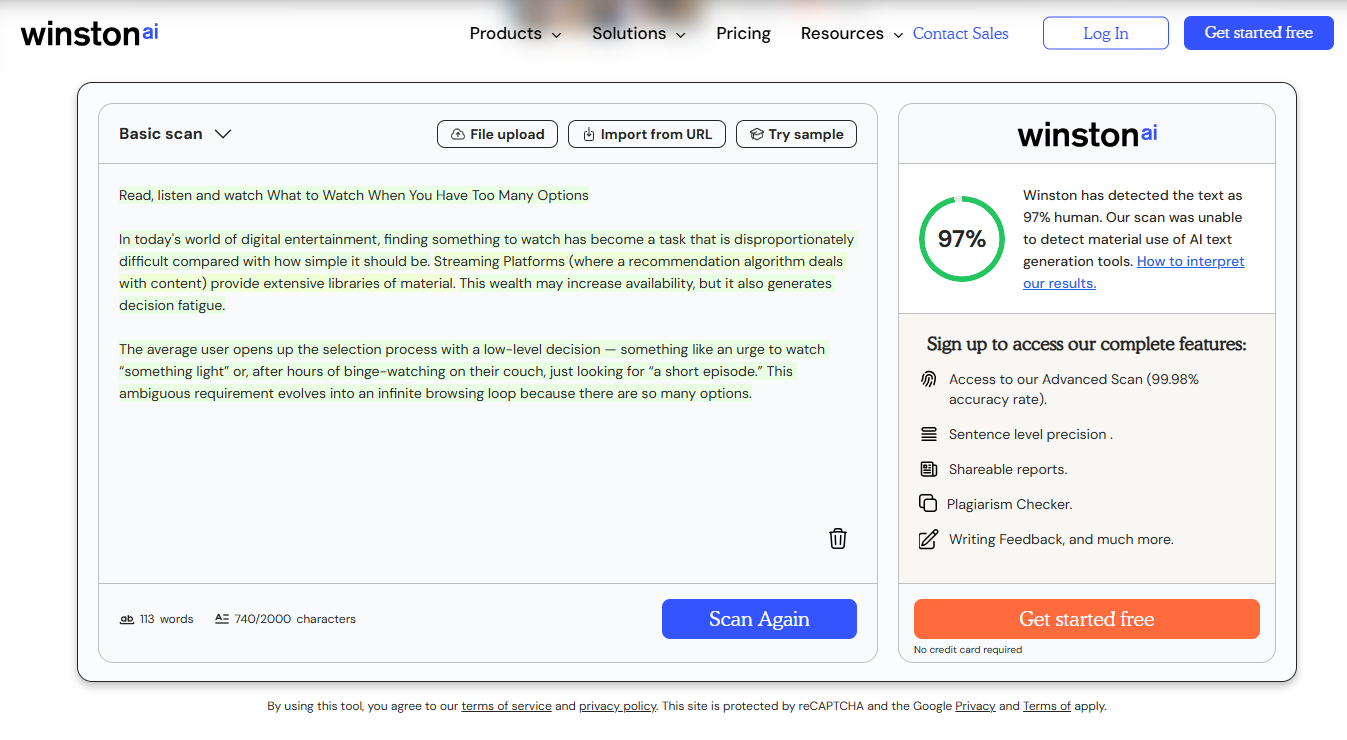Winston’s AI score (3% AI) on Uncheck AI’s Humanized version of ChatGPT text.