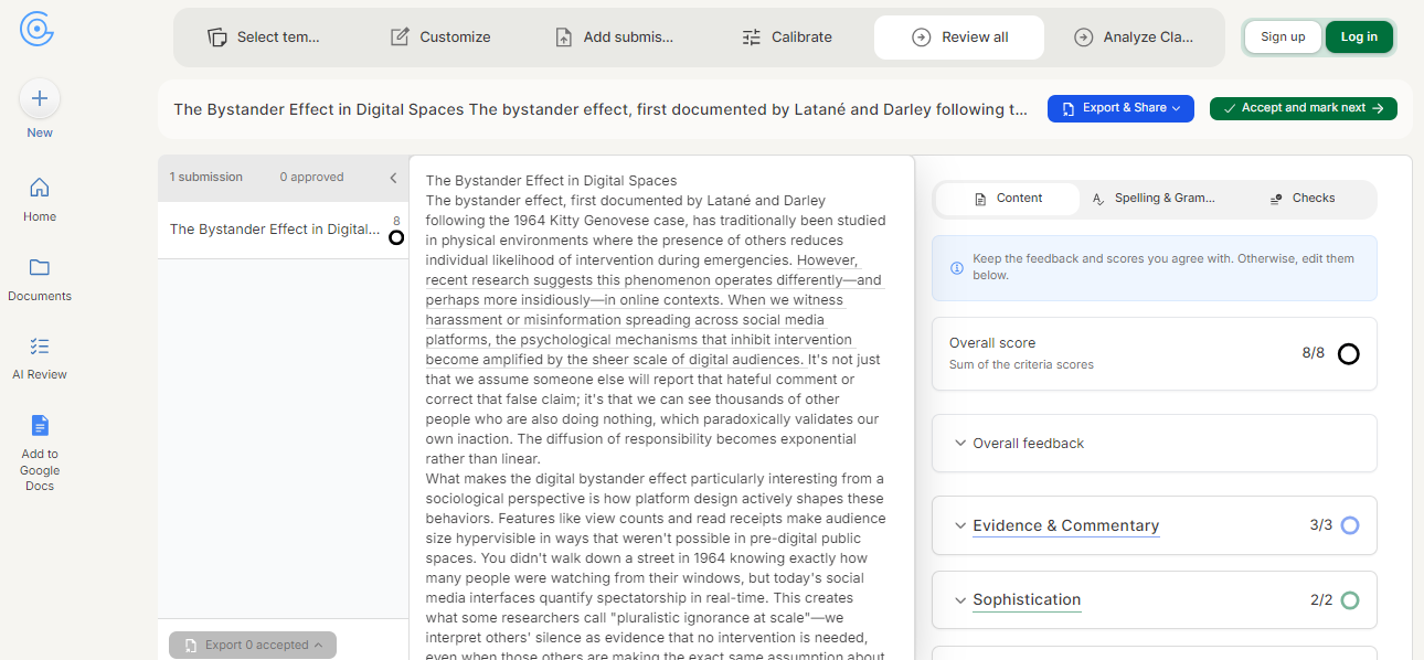 GPTZero AI Review interface grading a student essay on the bystander effect.