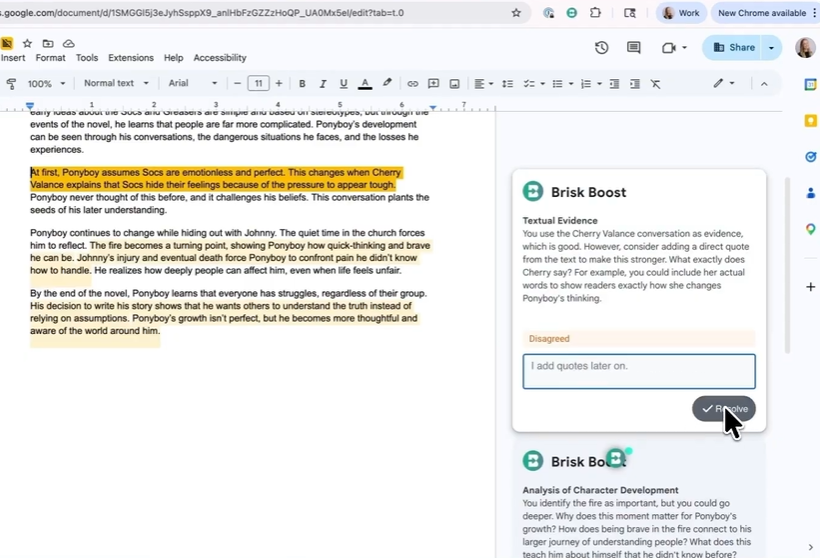 Brisk Boost feedback panel where a student has selected Disagree and typed a short explanation in the response box.