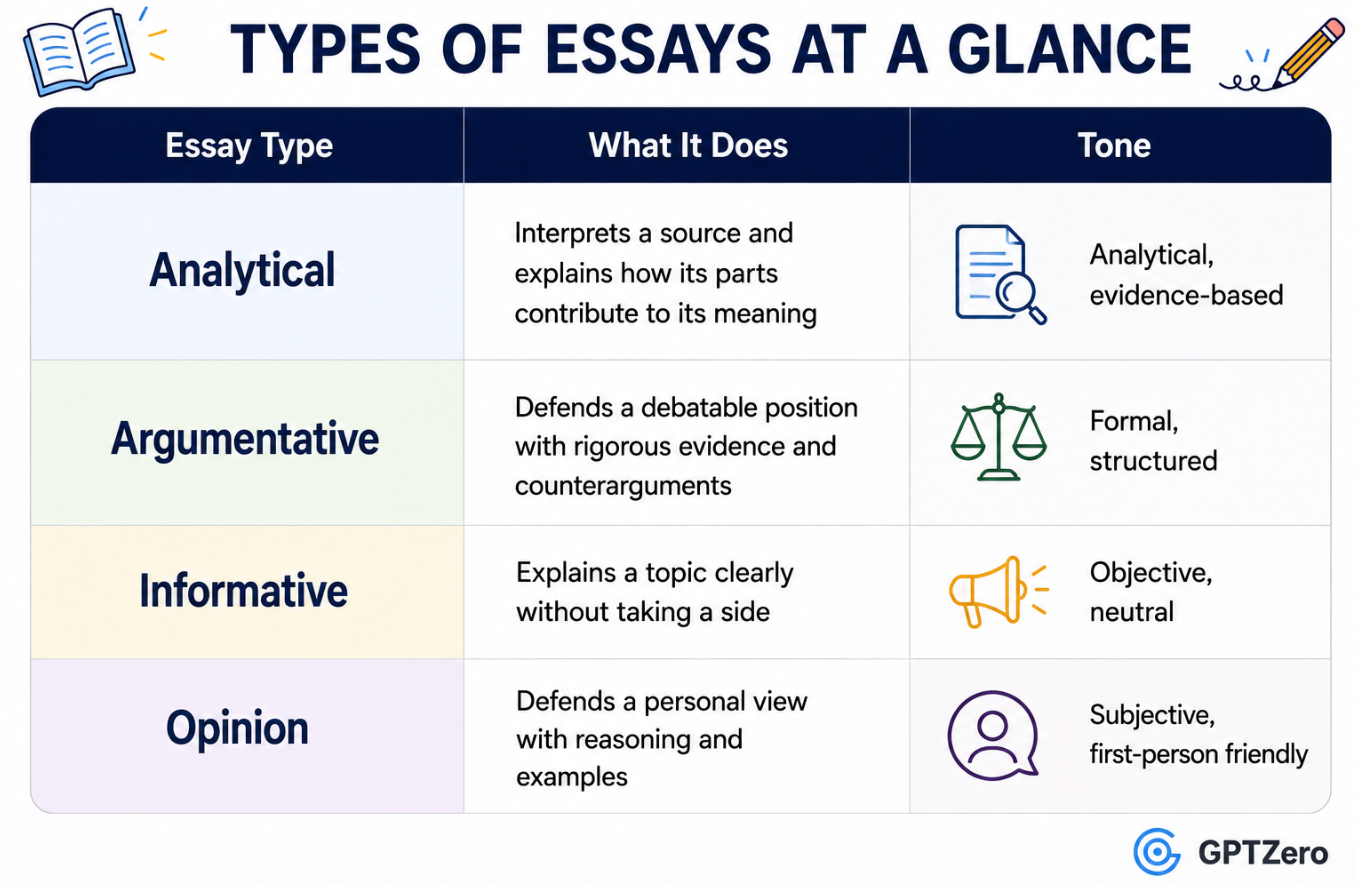 Infographic table titled “Types of Essays at a Glance” comparing four essay types—analytical, argumentative, informative, and opinion—showing what each essay does and its tone