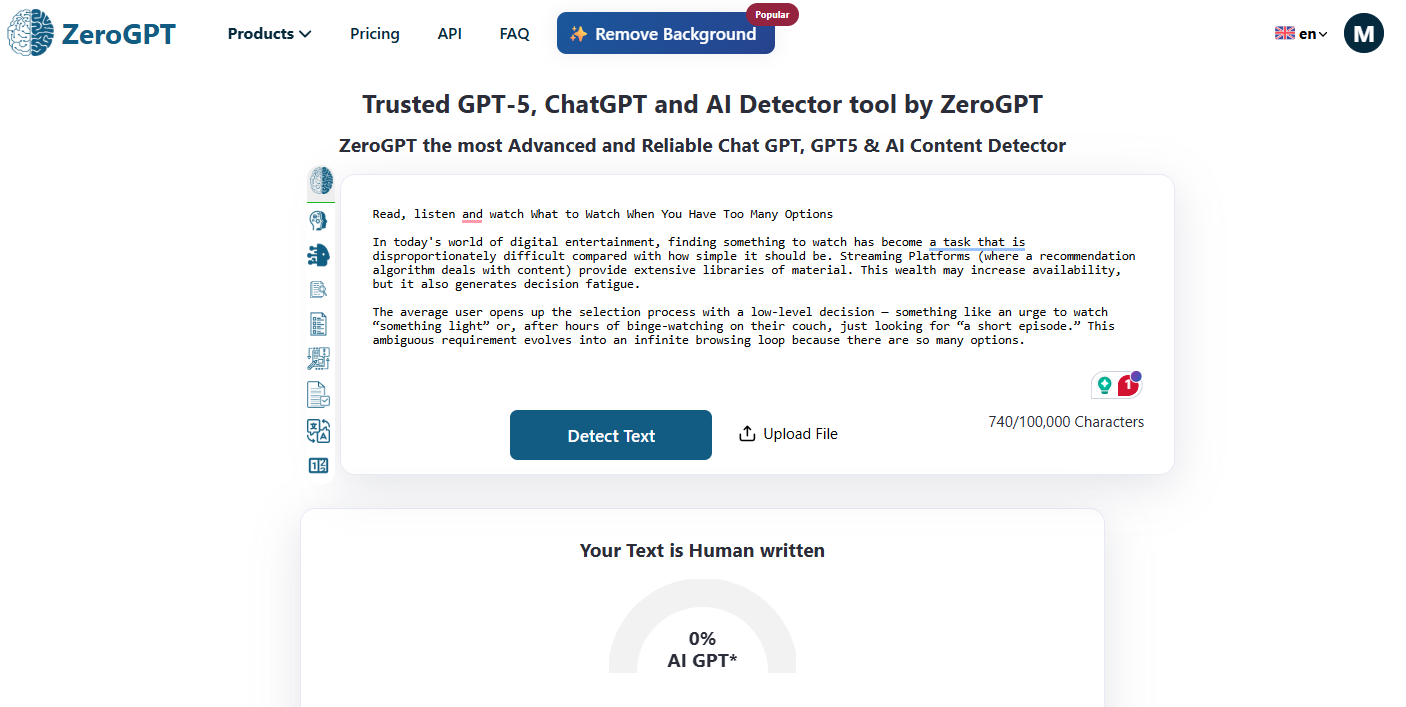 ZeroGPT’s AI score (0% AI) on Uncheck AI’s Humanized version of ChatGPT text.