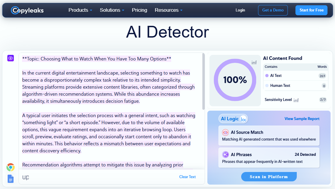 Copyleaks AI score (100% AI) for ChatGPT-generated text.