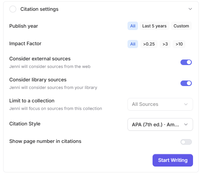 Citations settings in Jenni AI.