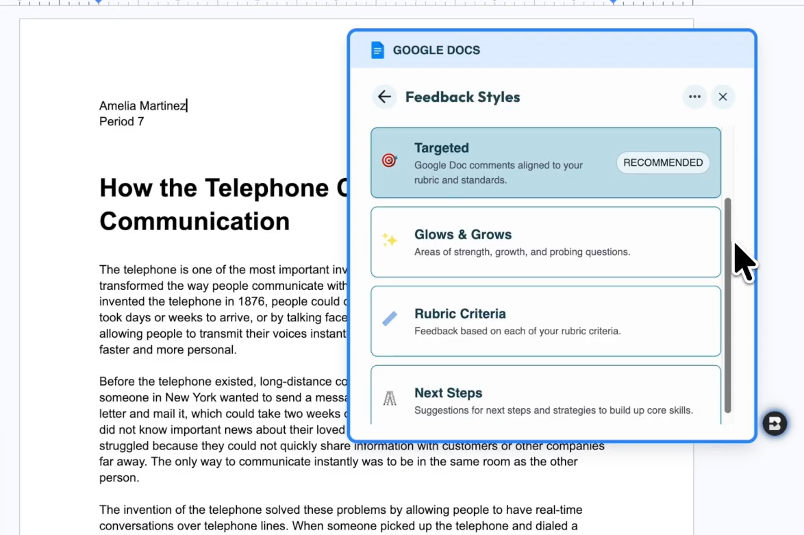 Brisk extension panel inside Google Docs showing four feedback style options: Targeted, Glows & Grows, Rubric Criteria, and Next Steps.