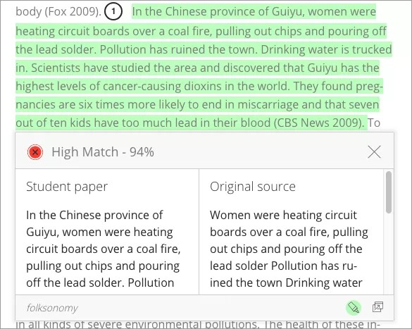 SafeAssign side-by-side comparison popup showing a 94% high match between a student paper and the original source.