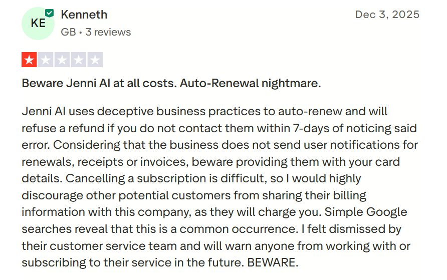 Negative user review of Jenni AI on Trustpilot.