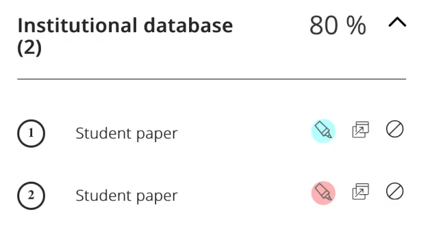 SafeAssign Institutional database panel showing 80% match with two listed student paper sources.
