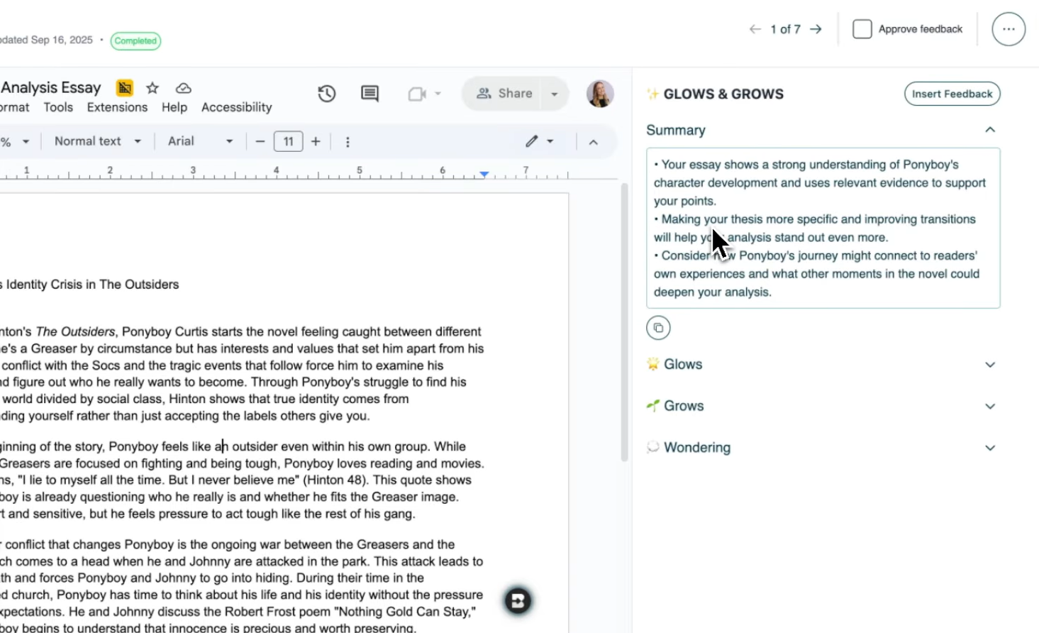 Brisk Batch Feedback view of a single student essay with Glows & Grows summary on the right side panel.