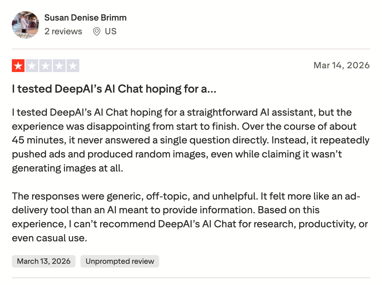 Deep AI user sharing her disappointment related to the Deep AI chat feature on Trustpilot.