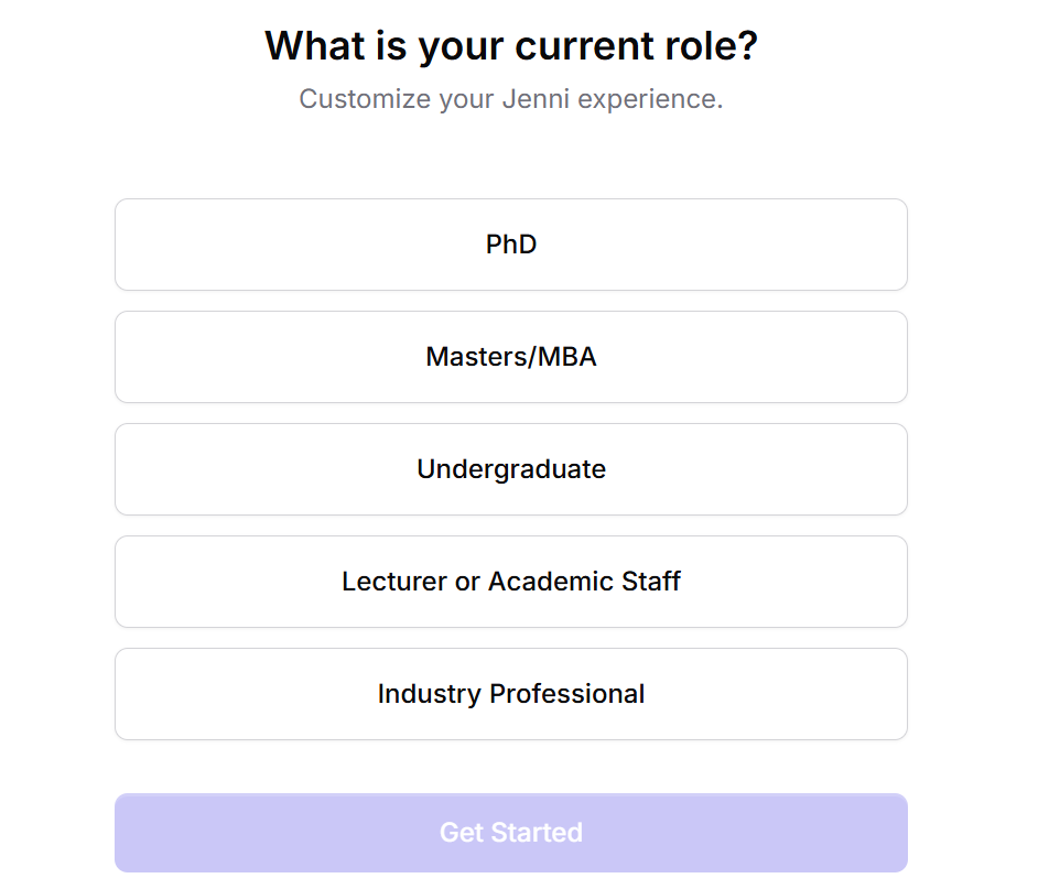 Jenni AI onboarding screen.