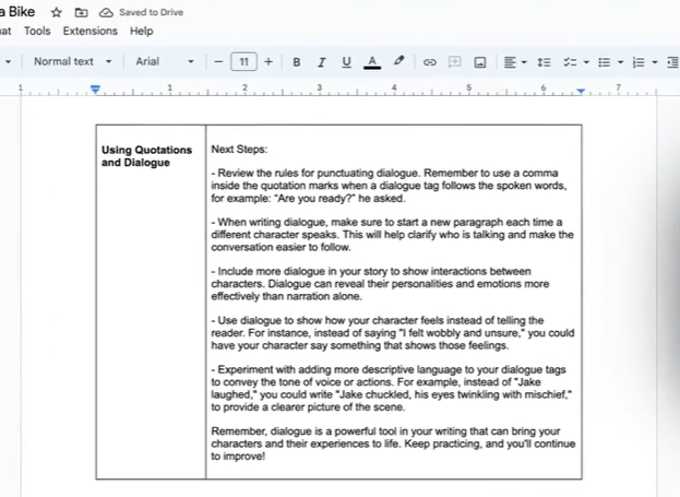 Brisk Next Steps feedback inside Google Docs giving a student bullet-point advice on using quotations and dialogue.