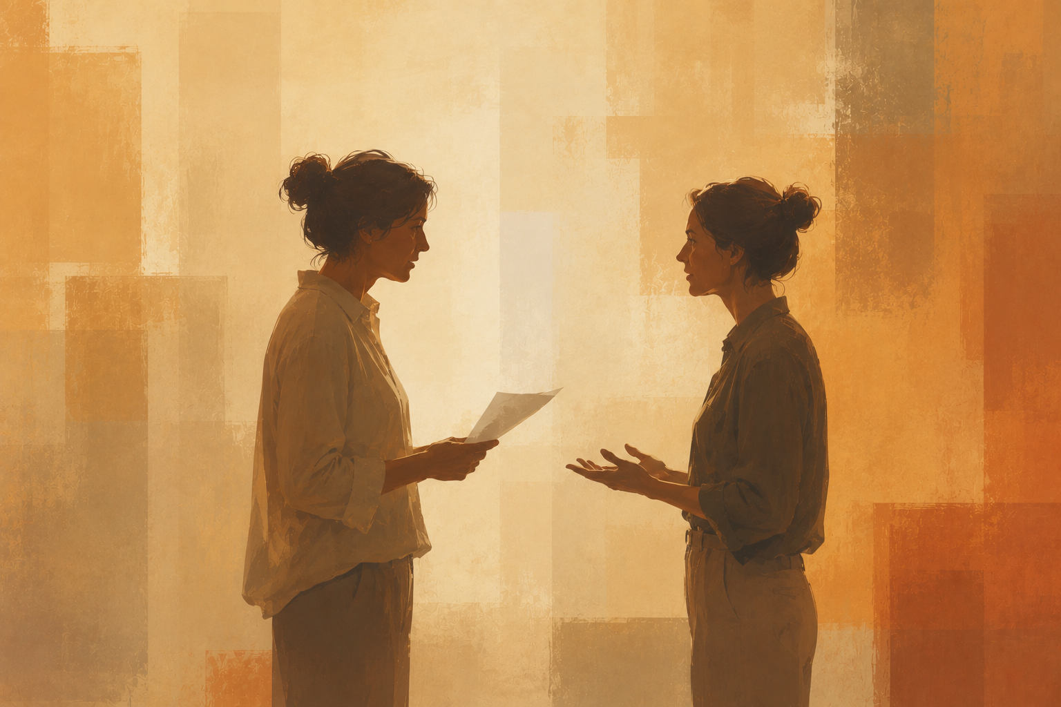 Two women having a conversation, one holding a paper, in a warm abstract setting.