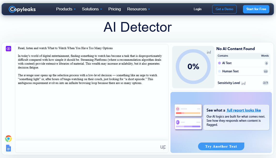 Copyleaks AI score (0% AI) on Uncheck AI’s Humanized version of ChatGPT text.